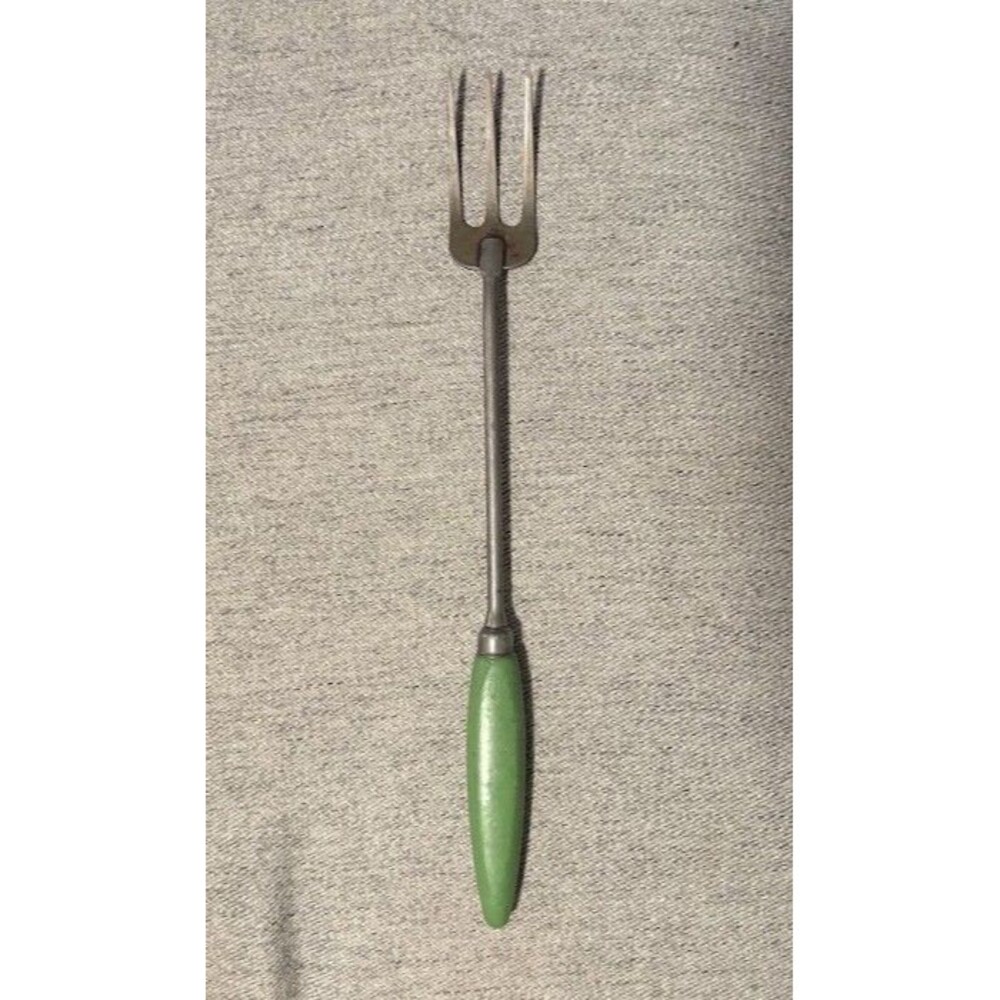 Vintage A&J USA 3 Tine Kitchen Fork Green Wood Handle Meat BBQ Cooking Utensil